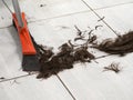 Hairdresser sweeping hair clippings on floor in barber shop. Royalty Free Stock Photo