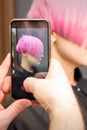 Hairdresser takes pictures of hairstyle Royalty Free Stock Photo