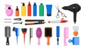 Hairdresser tools. Beauty salon and barber shop equipment. Combs and hairbrushes. Hair dryer or straightener. Bottles