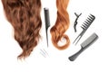 Hairdresser tools close-up isolated on white background. Hair curls and set of combs, clips Royalty Free Stock Photo