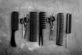 Hairdresser tools. Flat lay on grey background top view