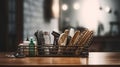 Hairdresser Tools Gracefully Laid Out on a Wooden Table, Harmonizing with a Dreamy Blurred Beauty Salon Atmosphere. Generative AI