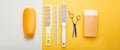 Hairdresser tools, hair salon equipment for professional hairdressing in beauty salon, haircut service.Hair Brush, comb, scissors Royalty Free Stock Photo