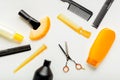 Hairdresser tools, hair salon equipment for professional hairdressing in beauty salon, haircut service. Top view flat lay on white Royalty Free Stock Photo