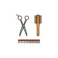 Hairdresser Tools - scissors, comb, brush. Barbershop icon, Hair salon symbols. Thin line art colorful design, Vector Royalty Free Stock Photo