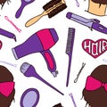 Hairdresser tools. Seamless pattern with beautician supplies - blowdryer, curler, brush, mirror, hairpin. Vector