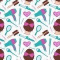 Hairdresser tools. Seamless pattern with beautician supplies - blowdryer, curler, brush, mirror, hairpin. Vector Royalty Free Stock Photo