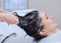 The hairdresser washes the client`s hair with shampoo