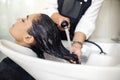 Hairdresser washes woman`s hair, closeup view Royalty Free Stock Photo