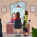 Hairdresser and woman client in beauty hairdressing salon. Chair, mirror, table, hairdressing tools, cosmetic products for hair ca