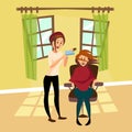 Hairdresser woman drying hair for her client with hairbrush and hair dryer in barbershop, professional hair stylist at