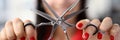 Hairdresser woman hold scissors closeup Royalty Free Stock Photo