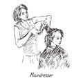 Hairdresser at work, hold scissors and prepare to cut hair, hand drawn doodle, sketch in pop art style, black and white