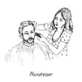 Hairdresser at work, shaving or cutting hair of young man with beard and mustache, hand drawn doodle, sketch in pop art style