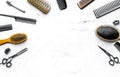 Hairdresser working desk with tools on white background top view Royalty Free Stock Photo