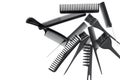 Hairdresser working desk with tools for hair styling on white desk background top view mock up Royalty Free Stock Photo