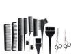 Hairdresser working desk with tools for hair styling on white desk background top view mock up Royalty Free Stock Photo