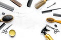 Hairdresser working desk with tools on white background top view mock up Royalty Free Stock Photo