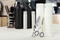 Hairdresser workplace.Professional Hairdresser tools in work space.Hairdresser equipment on the table in Beauty salon: scissors,