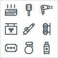 hairdressing and barber line icons. linear set. quality vector line set such as hairspray, spray, razor, barber, curling iron, Royalty Free Stock Photo