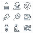 hairdressing and barber line icons. linear set. quality vector line set such as makeup, cream, electric shaver, barbershop, mirror
