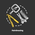 Hairdressing chalk concept icon. Hairdresser salon professional equipment, hairstylist tools idea. Scissors, comb and Royalty Free Stock Photo