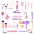 Hairdressing collection with Scissors, hairbrush, hairdryer, mirror, round brush, hair spray, hair straightener Royalty Free Stock Photo