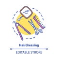 Hairdressing concept icon. Hairdresser salon professional equipment, hairstylist tools idea thin line illustration