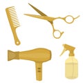 Hairdressing equipment. Scissors, hair dryer, hair comb and water spray bottle. Gold colored. Vector Illustration Royalty Free Stock Photo