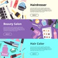 Hairdressing equipment setof banners vector illustration. Hairdresser, beauty salon, hair color. Hair style salon
