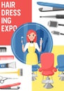 Hairdressing expo, beauty salon equipment poster flat vector illustration. Hair cutting woman in apron. Supplies for Royalty Free Stock Photo