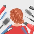 Hairdressing, girl in beauty salon banner flat vector illustration. Client with hairstyle back view. Supplies for doing Royalty Free Stock Photo