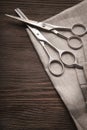 Hairdressing scissors on a black wood background. Royalty Free Stock Photo