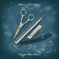 Hairdressing scissors, comb and razor on a dark background. Happy New Year and Merry Christmas. Greeting card for Royalty Free Stock Photo