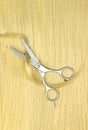 Hairdressing Scissors with a strand blond hair on a light background close-up Royalty Free Stock Photo