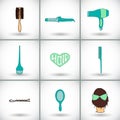 Hairdressing tools icon set. Hand-drawn cartoon collection of hair styling stuff - comb, hairbrush, hairpin, mirror