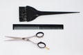 Hairdressing tools, metal scissors stainless steel, plastic comb Royalty Free Stock Photo