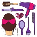 Hairdressing tools set. Hand-drawn cartoon collection of hair styling stuff - comb, hairbrush, hairpin, mirror, dryer