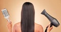 Hairdryer, brush and back of woman in studio with cosmetic salon treatment hairstyle for wellness. Health, glamour and