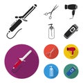 Hairdryer, hair dryer, lotion, scissors. Hairdresser set collection icons in black, flat style vector symbol stock