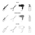 Hairdryer, hair dryer, lotion, scissors. Hairdresser set collection icons in black,monochrome,outline style vector