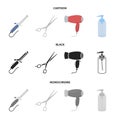 Hairdryer, hair dryer, lotion, scissors. Hairdresser set collection icons in cartoon,black,monochrome style vector