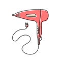 Hairdryer. Hairdressing equipment line sketch. Professional hair dresser tool. Hand drawn doodle icon. Vector illustration. Barber
