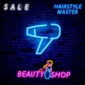 Hairdryer neon sign. Hairdressing salon, style and fashion concept. Advertisement design. Night bright colorful