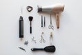Hairdryer, scissors and other hair styling tools Royalty Free Stock Photo
