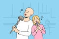 Hairless boy and little girl sing while standing in kitchen, use utensils instead of microphone