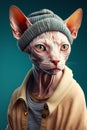 Hairless cat wearing knitted hat with tongue sticking out. Generative AI Royalty Free Stock Photo