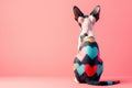 Hairless Sphynx cat back view with multicolored hearts on skin, back view, on pink background Royalty Free Stock Photo