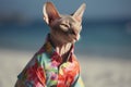 Hairless Sphynx cat in Hawaiian shirt at sunny beach