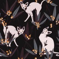 Hairless Sphynx cat seamless pattern home animal in plants , fabrcis dark background